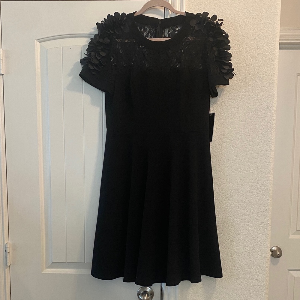 Elegant Black Midi Dress with Floral Accents, Sz 8 NWT